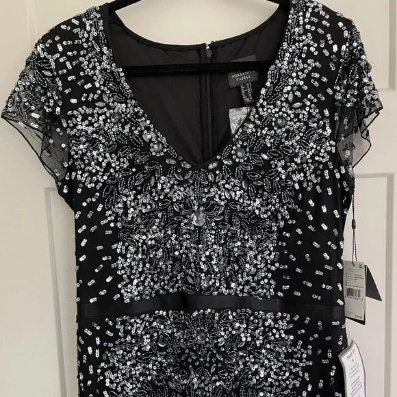 Sz 14 Adrianna Papell beaded chiffon black floor-length gown, V-neckline, NWT - Picture 9 of 14